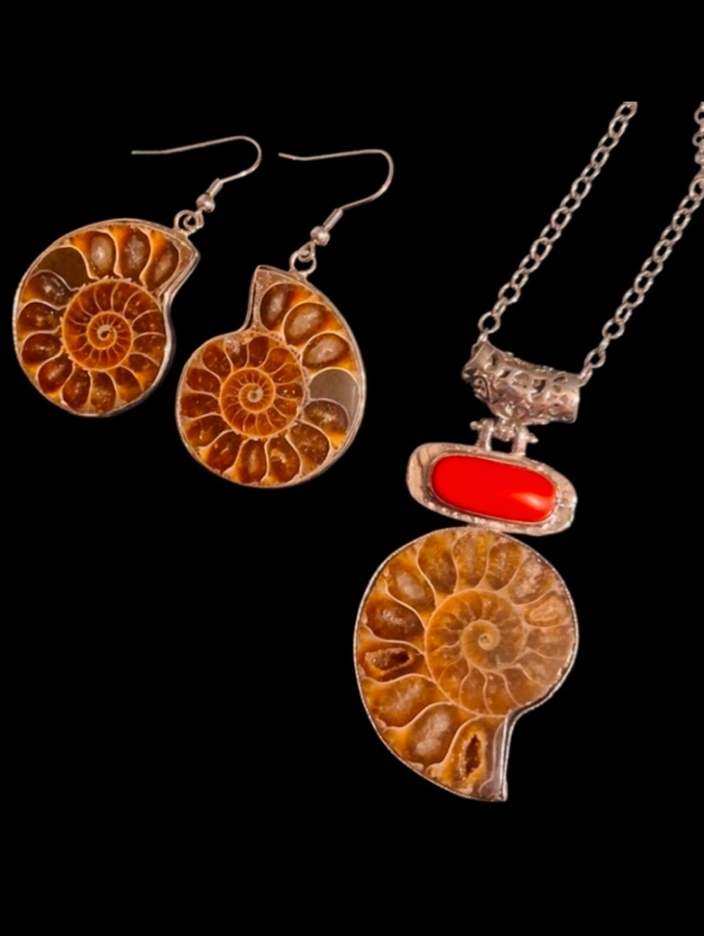 Ammonite Necklace & Earrings Silvertone Matching Set